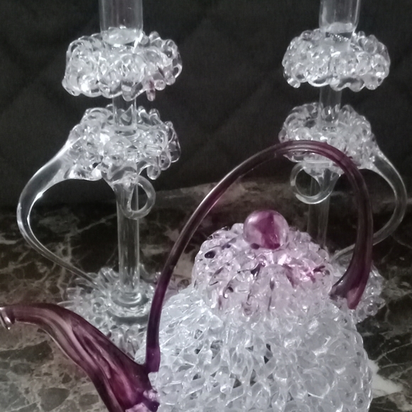 Set Of 3 Hand spun glass coffee pot w a purple accent with two candlesticks - Picture 6 of 13